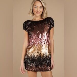 TOBI Shine Me Up Sequin Shift Dress Gold Multi Plunging Back Formal Party Small